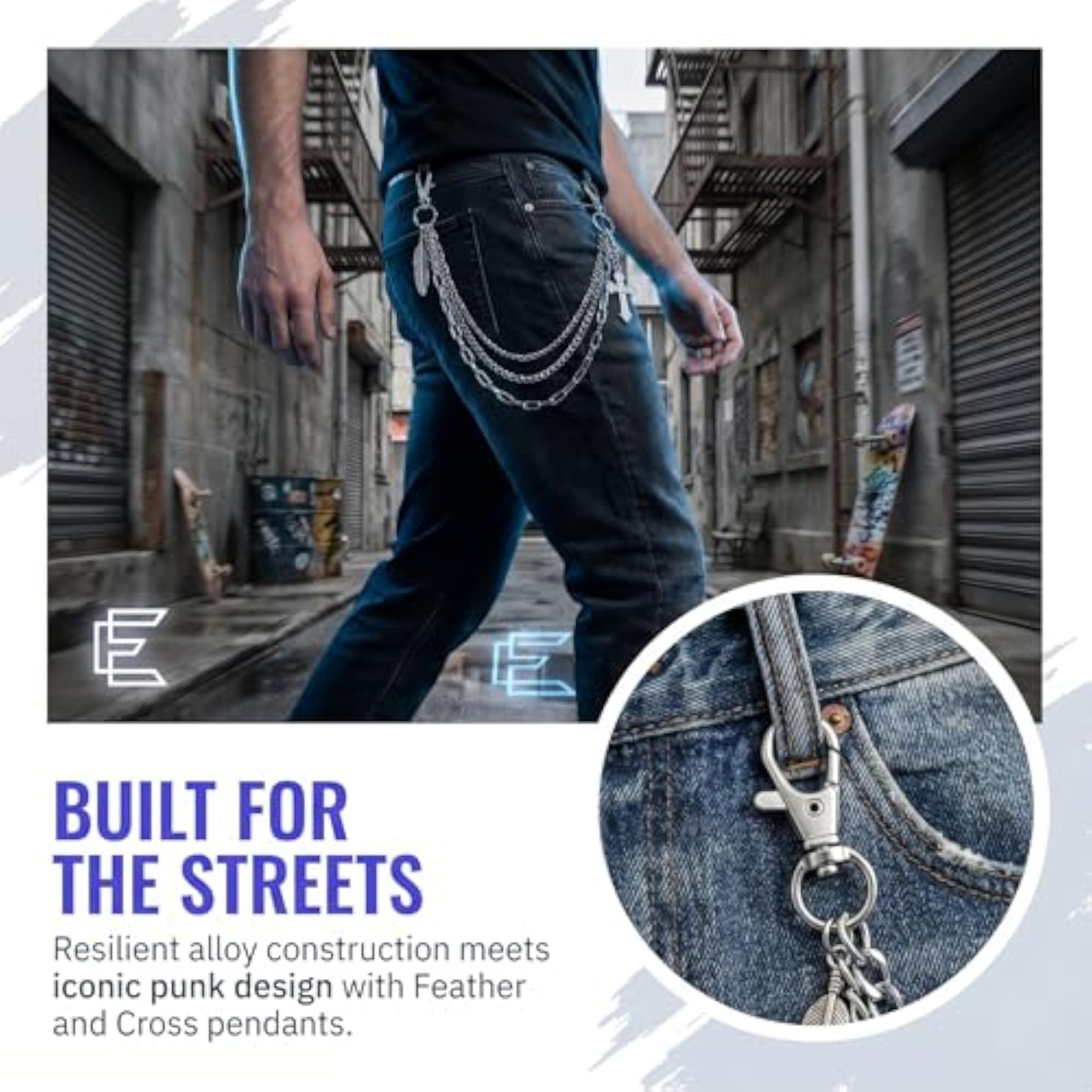 Men's 2Pcs Jeans Chain with Cross Pendant, Gothic Style